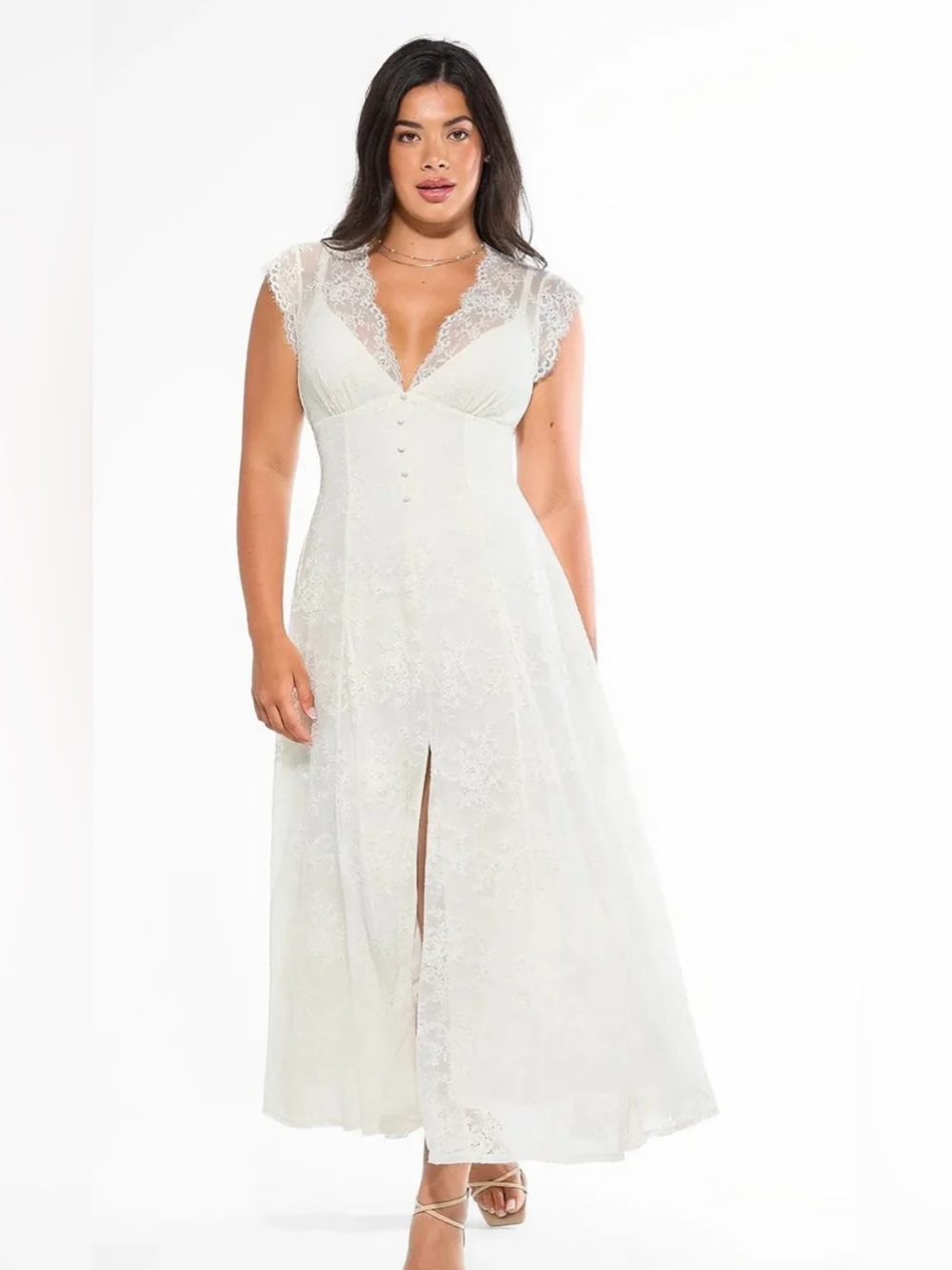 Popilush Shapewear Boho Floral Lace Front Slit Maxi Dress